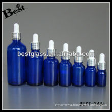 blue essential oil bottle with shinning silver screw aluminum cap, white rubber, glass dropper; dropper bottle with aluminum cap